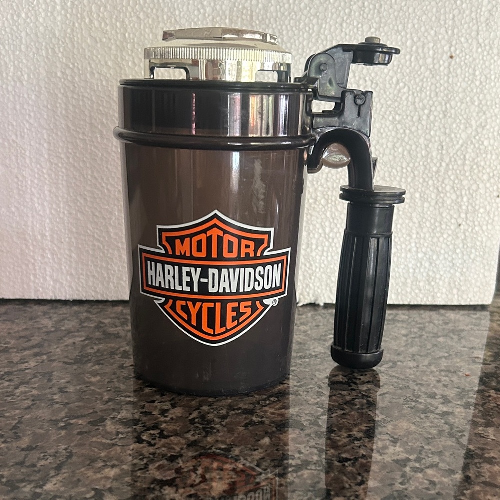 Harley-Davidson Brown Travel Mug with Black Handle and Orange Logo